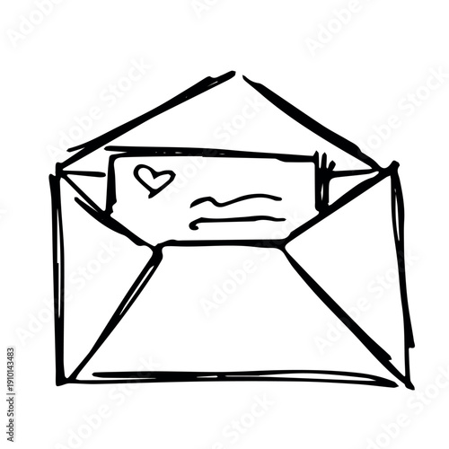Hand drawn envelope with letter inside Mail and correspondence doodle Love, communication, invitation Single element for design, print, decor