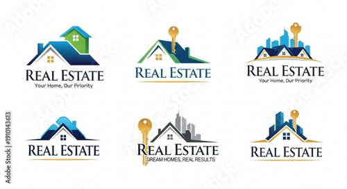 Collection of Real Estate Logos with Houses and Keys.