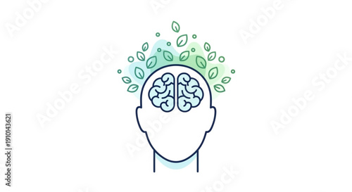 Mindful brain with green leaves and flowers emerging from the head symbolizing growth and mental wellness