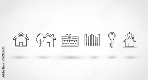 Collection of simple line art icons representing real estate and home ownership.
