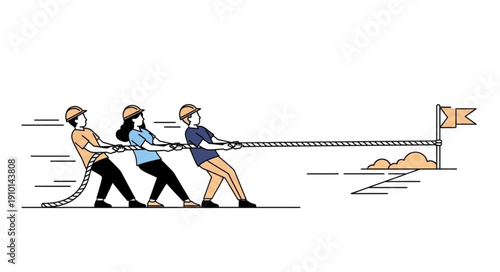 Team pulling rope towards goal flag in tug of war competition.