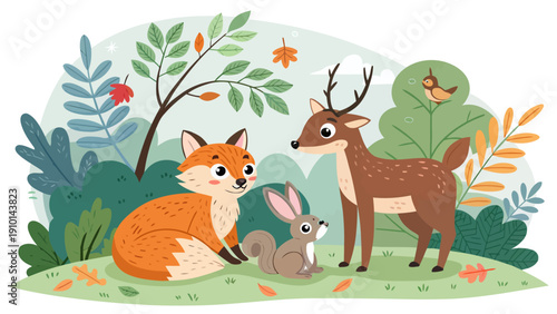 Friendly forest animals gather in autumnal woodland scene