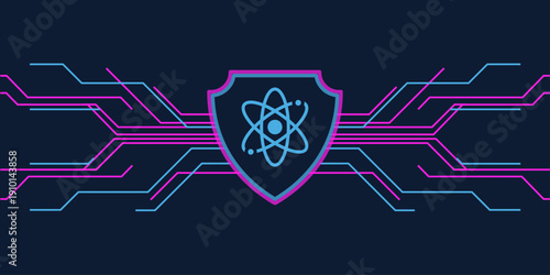 Atom icon inside a complex geometric shield with glowing entangled lines. Cyberpunk neon pink and electric blue palette. Futuristic flat vector design for tech banners.