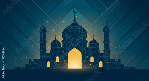 Blue geometric mosque silhouette for Ramadan