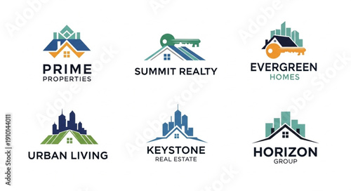 Collection of Real Estate Logos with Houses and Cityscapes.