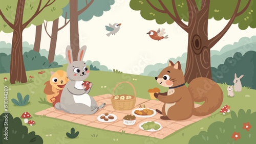 Adorable forest friends enjoying a cozy picnic together outdoors