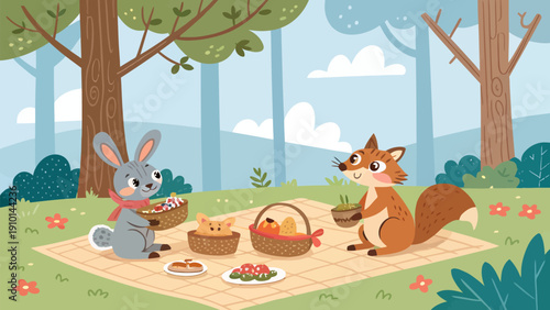 Adorable rabbit and squirrel enjoying a forest picnic together