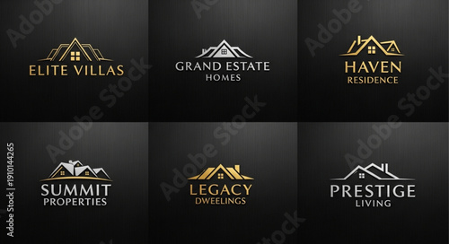 Collection of luxury real estate logos with mountain and house motifs.