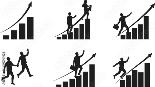Business success growth chart with people climbing bar graph – career progress, teamwork, leadership silhouette vector illustration on white background