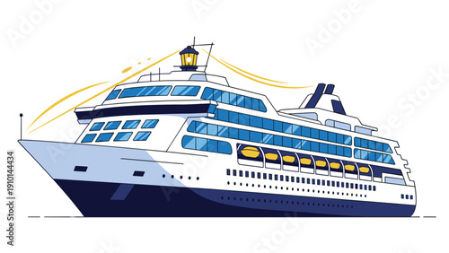 Modern luxury cruise ship with multiple decks and blue accents travels across the ocean for a perfect vacation and travel scene illustration.