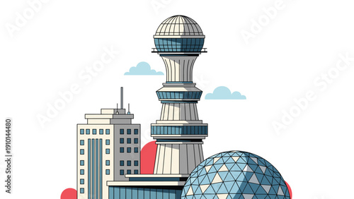 Futuristic cityscape includes a tall unique control tower and modern buildings with spherical structures under a bright sky with white clouds.