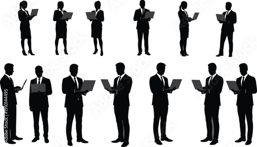 Business team silhouette working on laptops, cad drawing flat vector illustration, corporate office teamwork, digital workspace communication, productivity layout