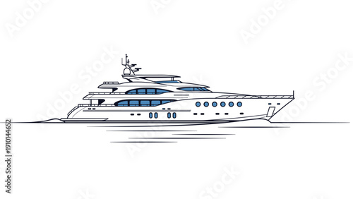 Sleek white luxury motor yacht cruises smoothly across the water surface with calm reflections for a high end leisure travel scene.