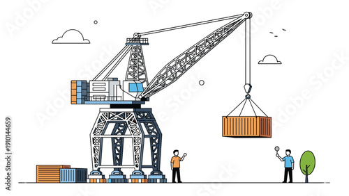 Heavy duty port crane lifts a cargo container at a shipping terminal while workers supervise the transport and logistics operations in the port.