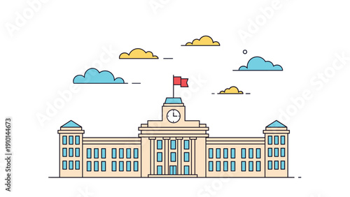 Grand university building or government hall features a central clock tower and symmetrical wings under a sky with colorful cartoon clouds.