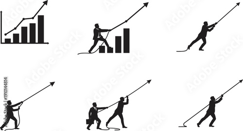 Business teamwork pulling graph arrow upward for financial success, growth, profit increase, leadership concept, and strategic business development
