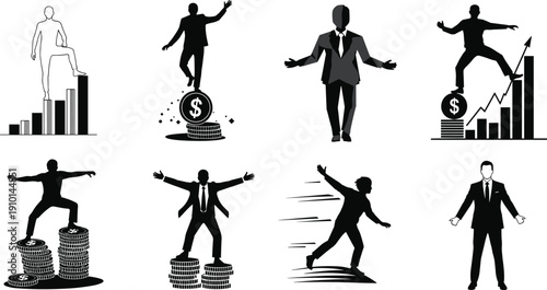 Businessman Balancing on Coins and Bar Graphs, Financial Growth, Investment Success, Money Management, Business Strategy, Economic Stability Silhouettes