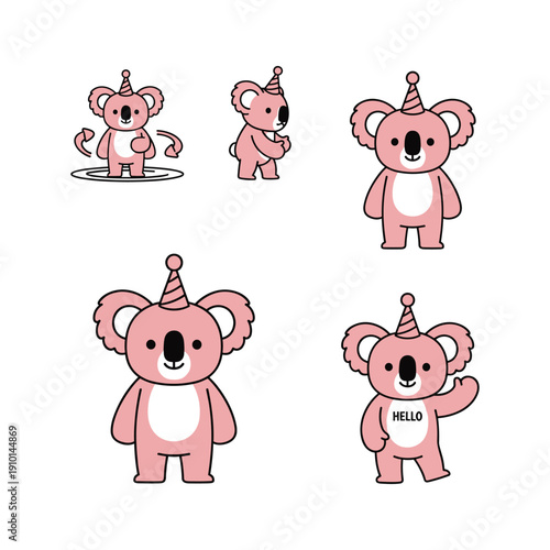 Canvas Print Cute cartoon koalas wearing party hats and waving in various poses with copy spa