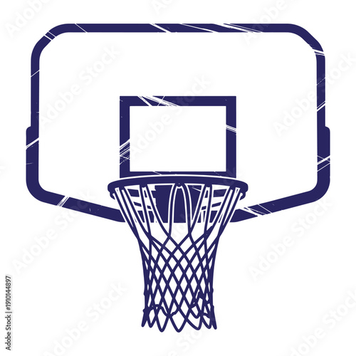 Grunge texture A dark blue illustration of a basketball hoop with backboard and net on plain white background Vintage Style