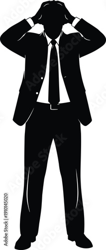 Businessman silhouette stressed holding head, workplace stress and frustration concept, corporate pressure and decision making illustration, cad drawing flat vector illustration