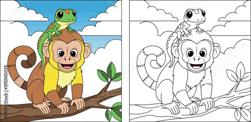 Cute cartoon monkey sitting on tree branch with small green lizard on head vector illustration, happy animal friends in nature with blue sky for children book or nursery design