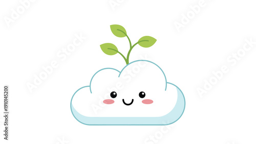 Friendly smiling cloud character with pink cheeks and big eyes has a small green plant sprout growing from its top for an eco concept.