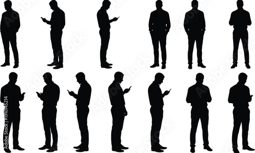 Businessman silhouettes, professional standing poses, smartphone usage, office lifestyle, leadership communication, modern technology, corporate career success illustration