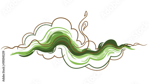 Artistic swirl of green and brown lines flows across the image resembling organic waves or abstract wind currents over a faint cloud.