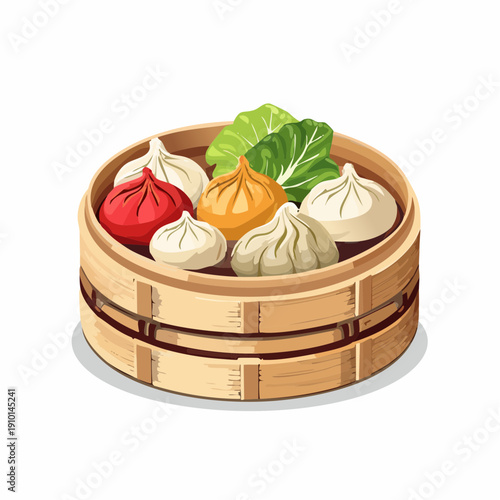 A bamboo steamer basket filled with various dumplings and buns