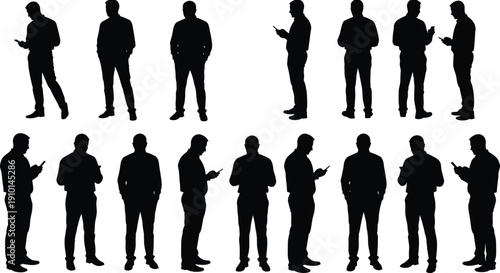 Businessman silhouettes, professional standing poses, smartphone usage, office lifestyle, leadership communication, modern technology, corporate career success illustration