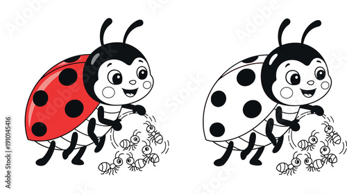Cute cartoon ladybug watching small ants running in a circle, happy insect friends isolated on white background vector illustration for children education or garden design