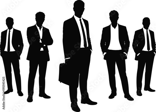Businessmen in suits silhouette – corporate team leadership, professional male executives standing in group vector illustration on white background