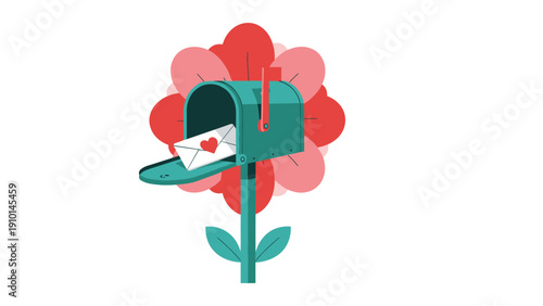 Classic green mailbox stands in front of a giant red flower with a heart marked love letter peeking out of its open door on a tall blue post.