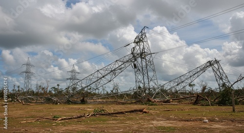 Collapsed Power Lines and Debris After a Powerful Storm, Dramatic Landscape