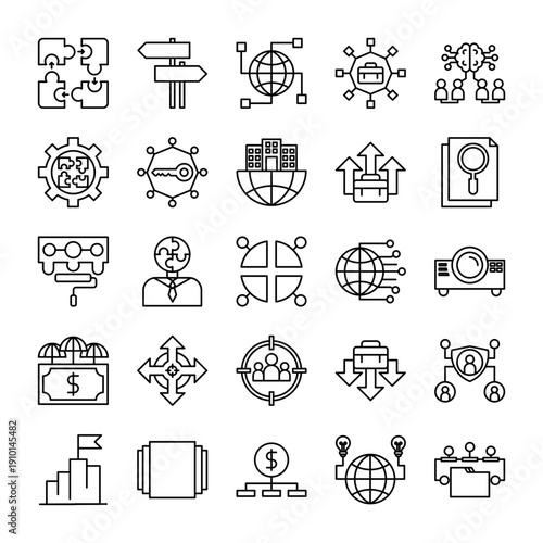 Business Planning Line Icon Set – 25 Outline Corporate Strategy & Management Icons