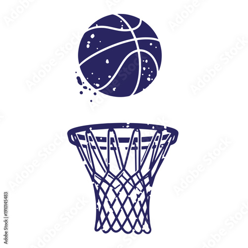 Grunge texture basketball hoop with net and ball in mid air  sports equipment and facilities Vintage Style