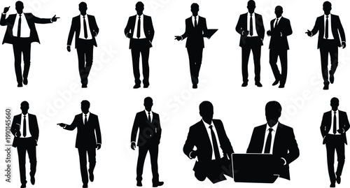 Businessmen silhouettes, corporate teamwork, leadership communication, office collaboration, negotiation success, professional career growth illustration
