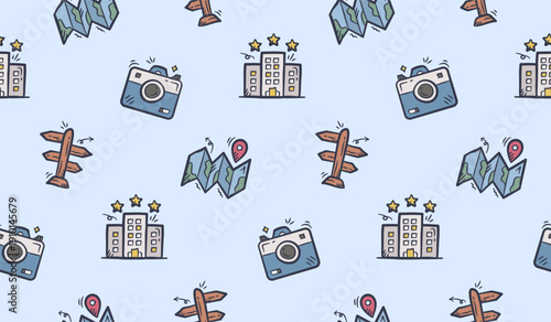 Travel doodle background. Cute travel seamless pattern. Trip pattern background. Tourism hand drawn seamless pattern with camera, suitcase, hotel, road sign, route.