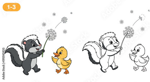Cute cartoon skunk holding dandelion flower with blowing seeds and happy yellow duckling friend vector illustration, adorable animal friendship for children education ages 1-3