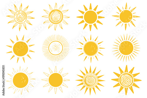 Sun icon collection illustration with different shapes, yellow weather and energy symbols set