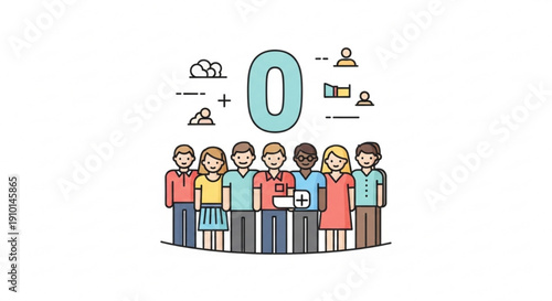 Diverse group of people standing together in unity and cooperation with a large zero symbol and various icons above them representing teamwork and communication