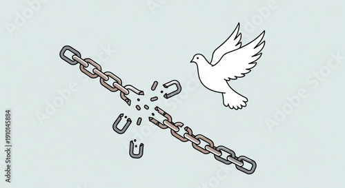 Dove flying free from broken chain link on light blue background symbolizing freedom and liberation