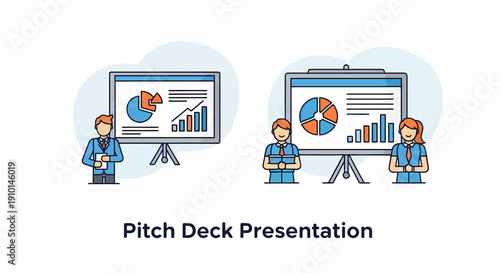 Business professionals presenting data analysis on screens during a corporate pitch deck presentation in a modern office environment