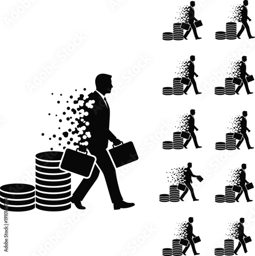 Businessman dissolving into particles while walking away from growing stack of coins, symbolizing financial loss, economic decline, money vanishing concept illustration