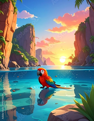 Vivid tropical paradise scene with a colorful parrot wading in water