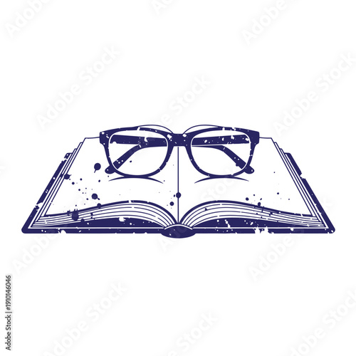 Grunge texture blue illustration of glasses on an open book with paint splatters on white background  education concept Vintage Style