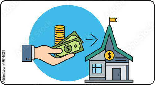 Hand holding cash near a bank building with a coin symbol on it, illustrating a financial transaction