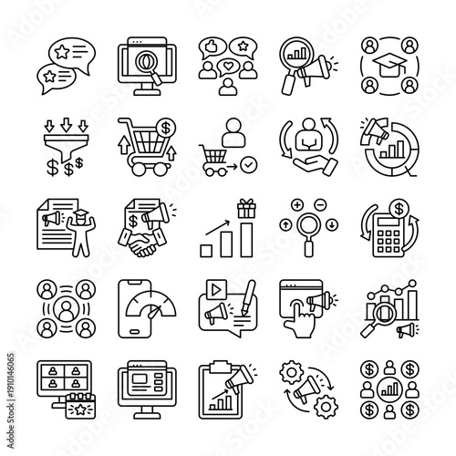 Educational Marketing Line Icon Set – 25 Outline Education & Digital Promotion Icons