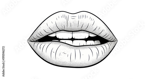 Close-up of open lips biting lower lip, black and white sketch style, vector illustration