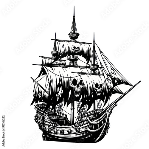 Haunted Pirate Ship with Skull Sails, Black and White Illustration